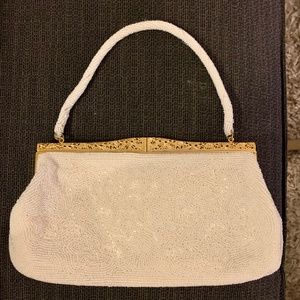 Vintage 1950's Handbag Purse WHITE PEARL BEADED Scrolling w Gold Filigree Clasp